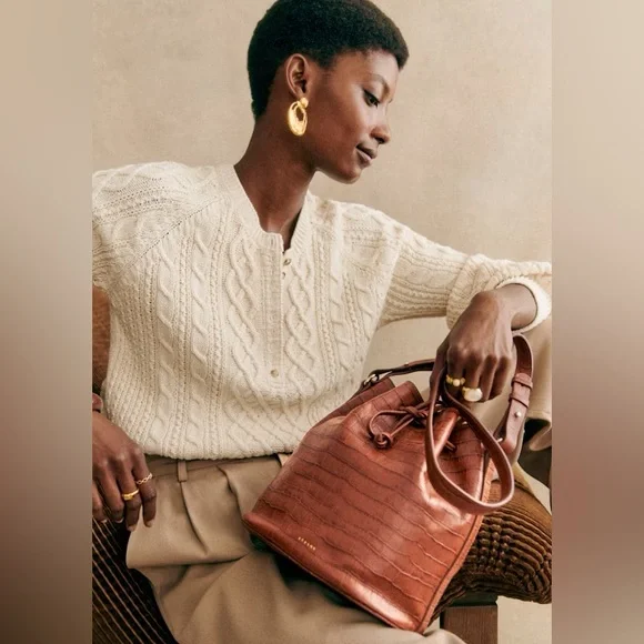 Sezane Brown Croc-Embossed Bucket Bag - Picture 3 of 11